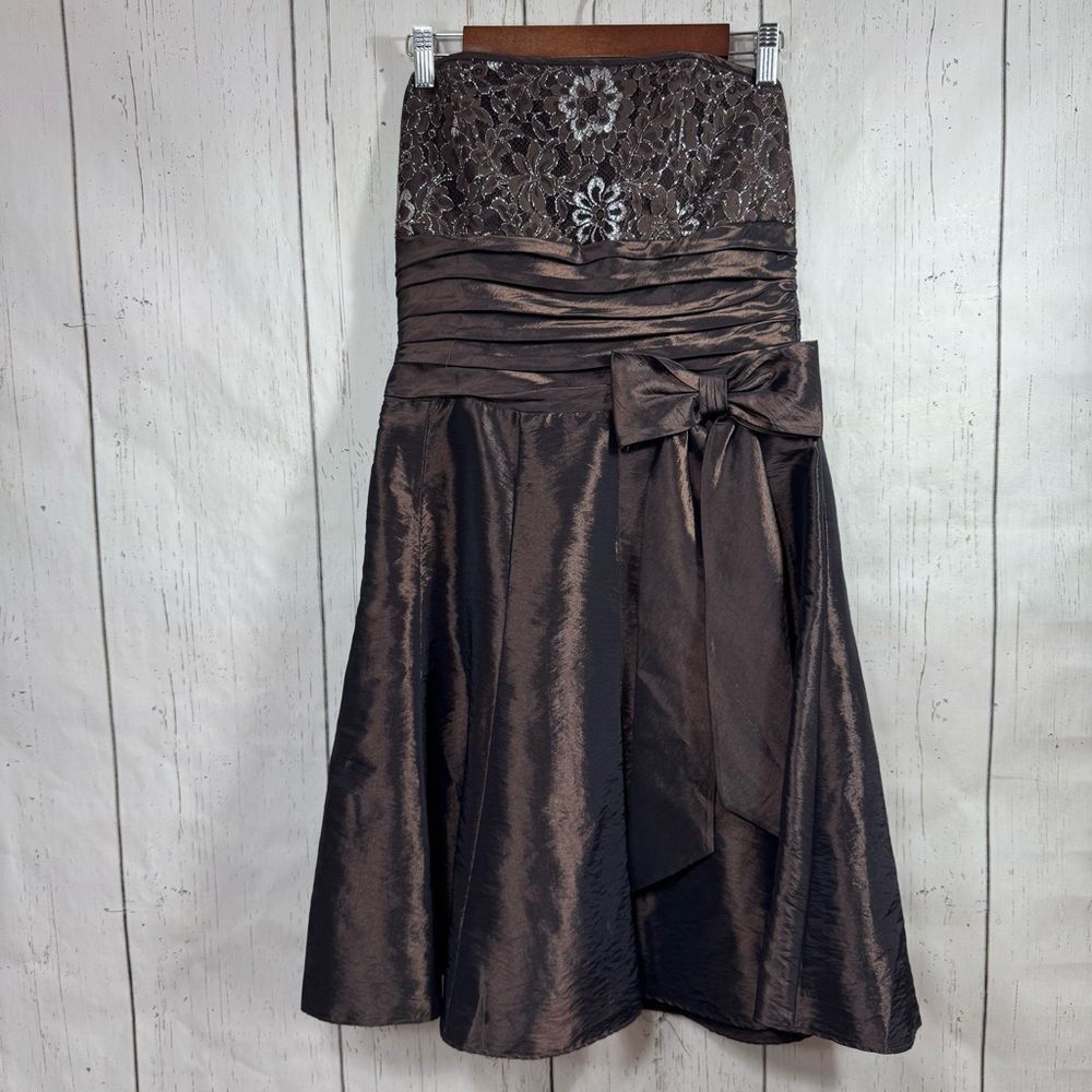 Scott McClintock Strapless Brown Taffeta Cocktail Dress Lace Bow Prom Romantic